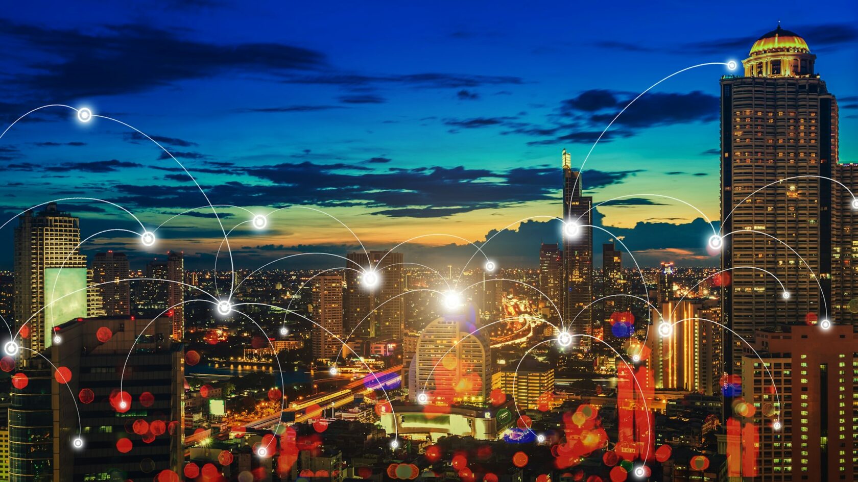 Connected city at dusk